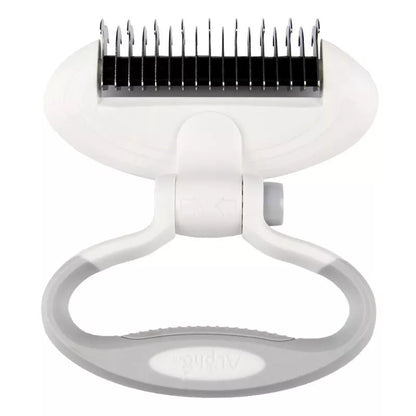 Dual-head dog comb for gentle knot removal in white, blue, and pink