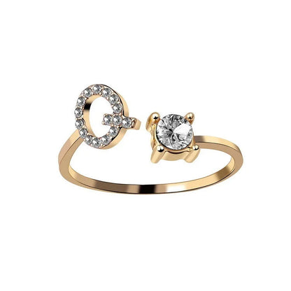 Personalized Initial Letter Adjustable Ring made of copper alloy and zircon, showcasing a vintage-inspired design
