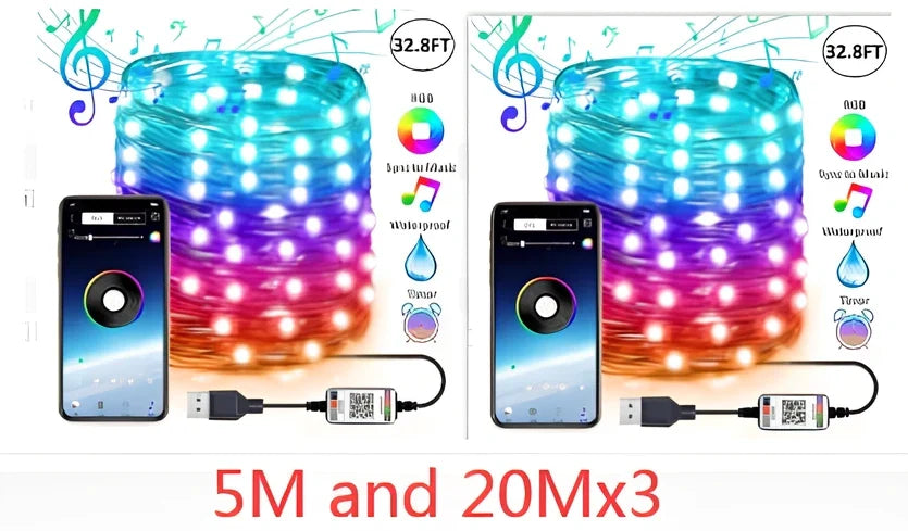 Programmable LED Christmas tree lights with app control showing custom colour animations on festive tree