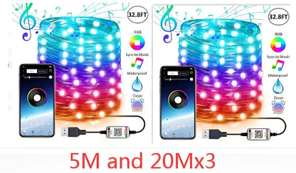 Programmable LED Christmas tree lights with app control showing custom colour animations on festive tree