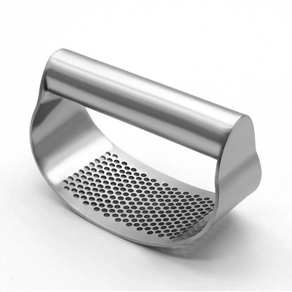 Stainless steel garlic press with uniform mincing holes measuring 10.5cm in length