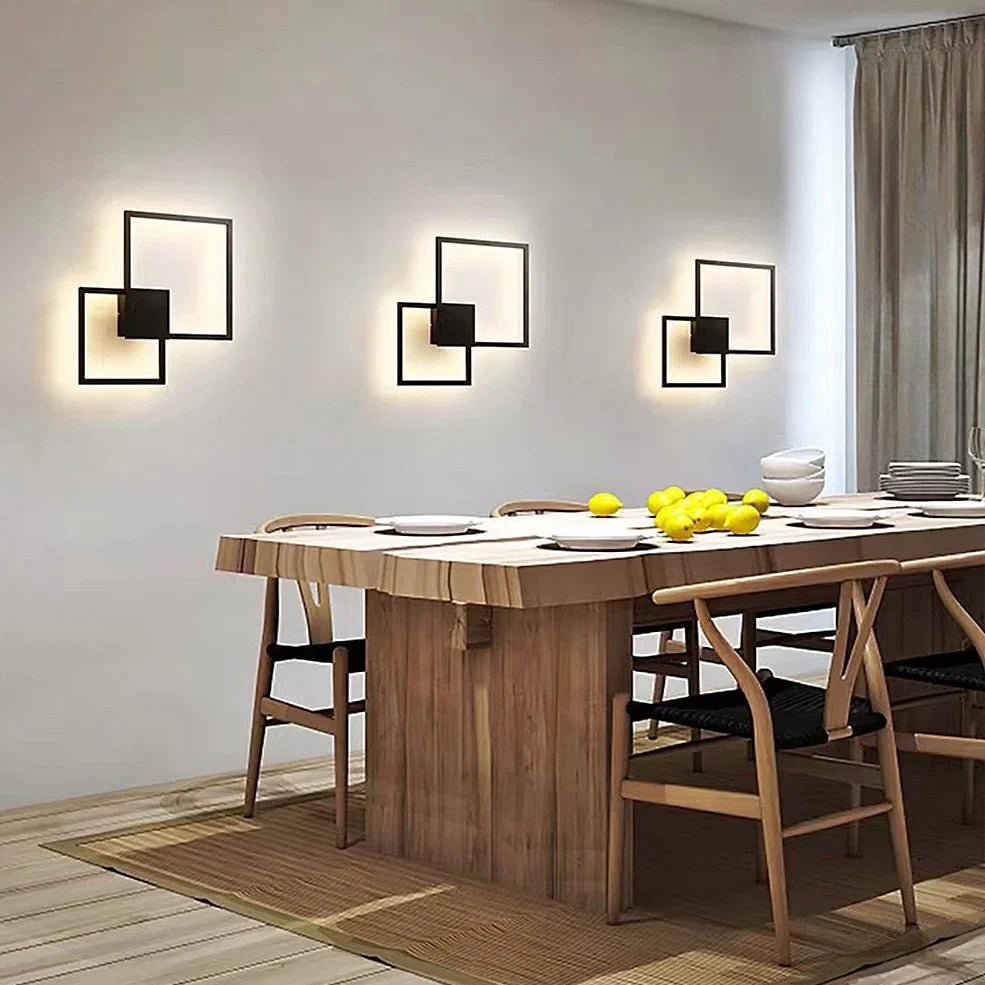 Square 35.3cm geometric LED wall light in white, iron frame with acrylic diffuser, 20W-24W output