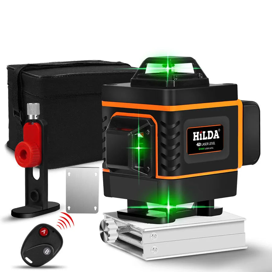 Rotating laser level with green beam displaying 16-line pattern for wall alignment