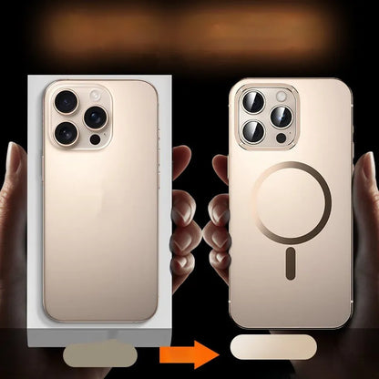 Magnetic suction iPhone case in Desert Gold with stainless steel and acrylic half-pack design and laser finish.