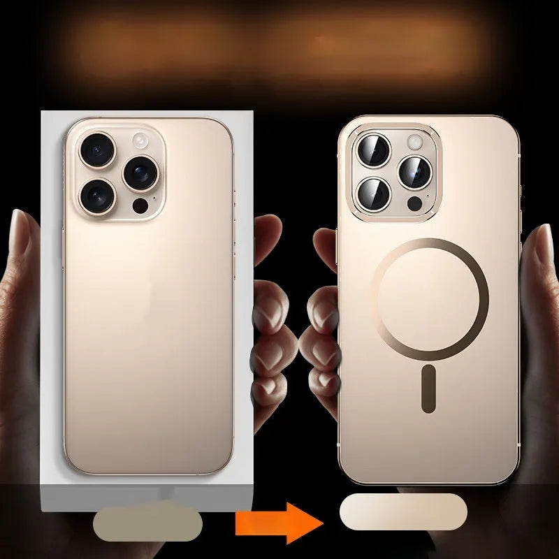 Magnetic Suction Phone Case for Apple iPhone 12 to 16 Pro Max, Stainless Steel and Acrylic Half-Pack Cover with Anti-Fall and Anti-Fingerprint Protection, Laser Finish, Multiple Colours Including Desert Gold and Titanium