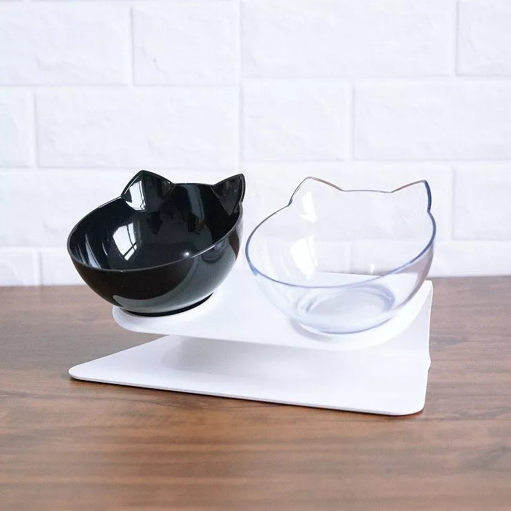 Double bowl cat food bowl with 15° tilt for cervical protection, transparent design with cute cat face