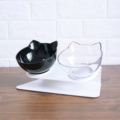 Double bowl cat food bowl with 15° tilt for cervical protection, transparent design with cute cat face