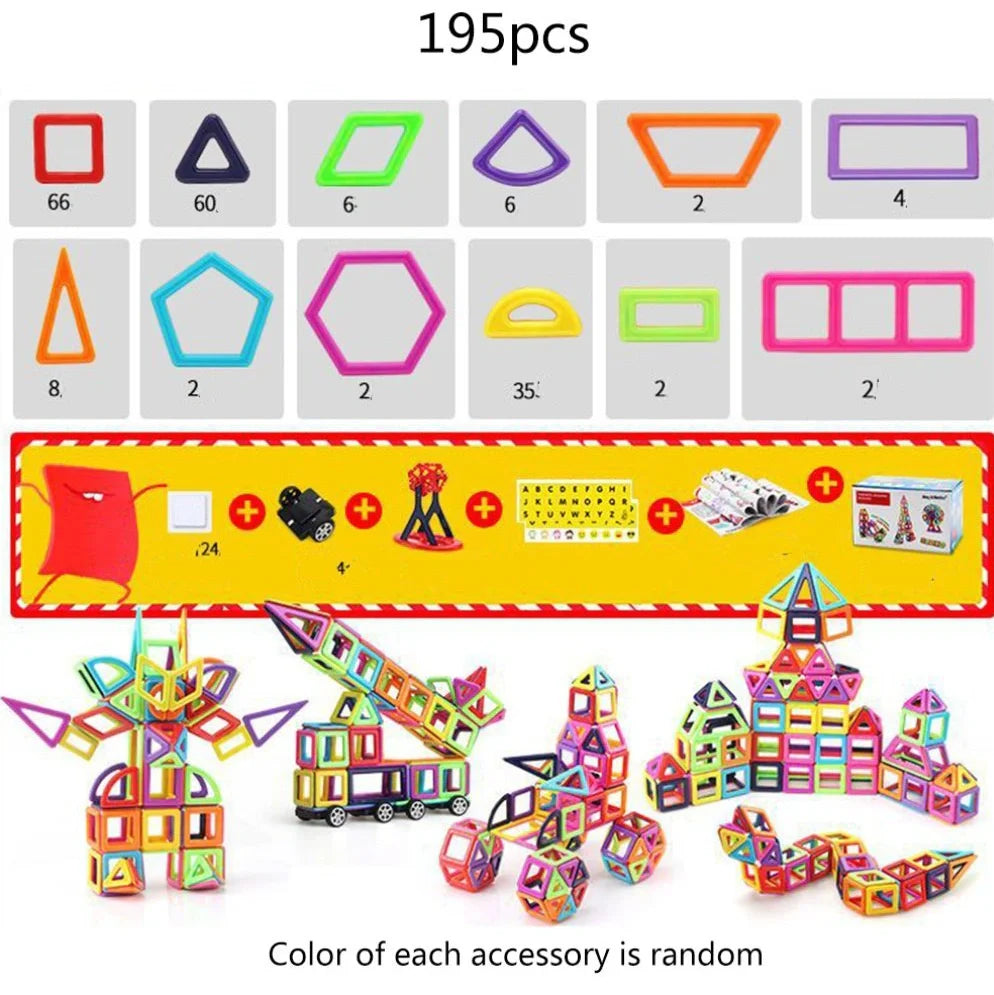 Magnetic building blocks in multiple colours arranged in geometric construction