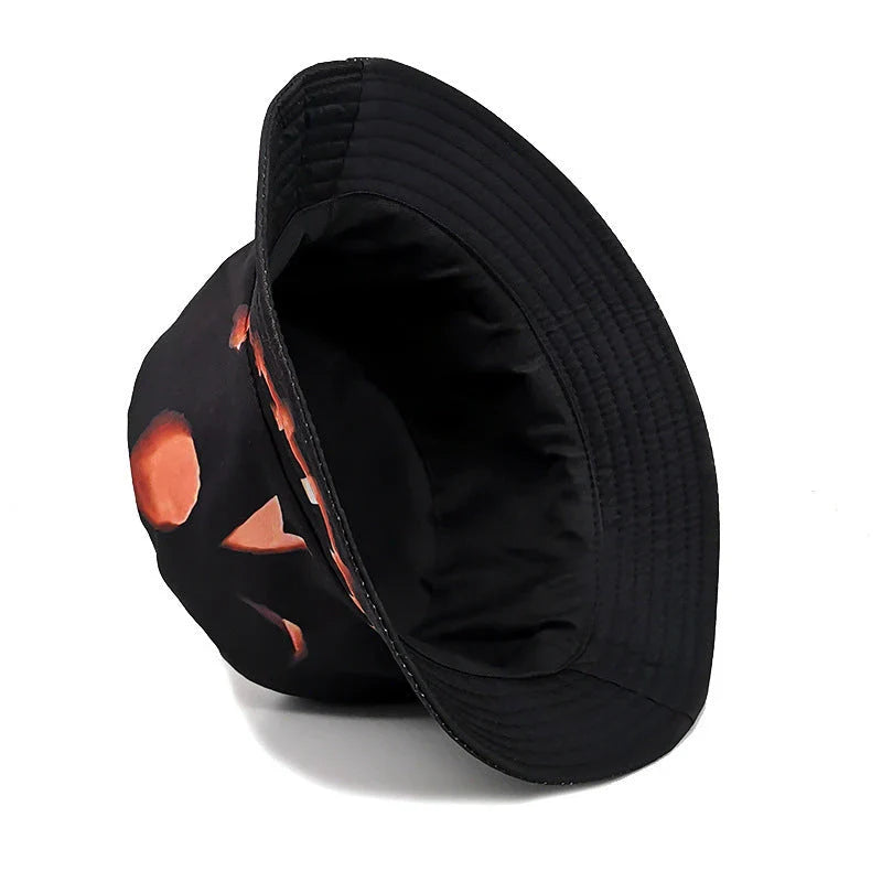 A stylish fisherman hat with a vibrant, digitally printed pumpkin design, perfect for adding a touch of Halloween spirit to any outfit.