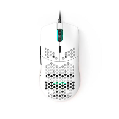 Lightweight white wired gaming mouse with hollow shell and 7 buttons, model AJ390