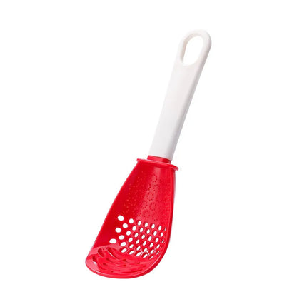 Red plastic multifunctional cooking spoon with serrated edge for grinding and half-enclosed scoop design