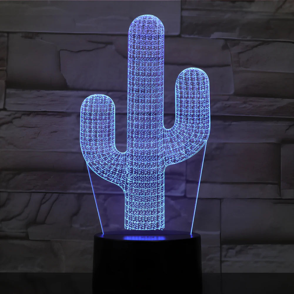 Cactus-shaped LED night light with 3D acrylic design showing colour-changing illumination in compact 200mm size