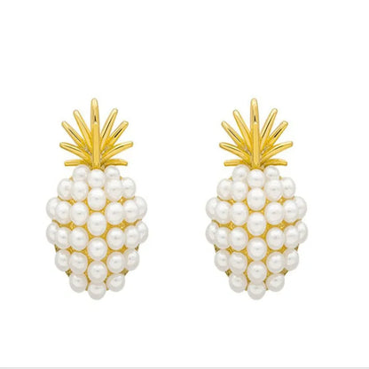 Korean-style women's pineapple starfish pearl alloy earrings with gemstone details in gold, pearl flower, silver, and starfish pearl colours.