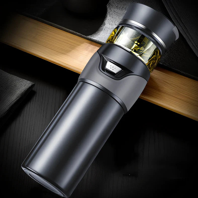 Stainless steel tea separation cup with one-button mechanism showing straight cup design and multiple colour options