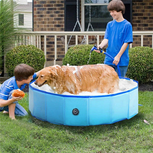Collapsible dog pool with drain for easy water removal, available in blue water pattern and red sea wave designs