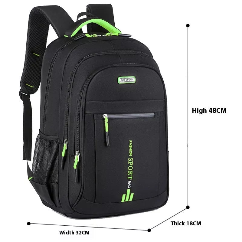 Men's large capacity nylon computer backpack with air pillow belt in green, blue, black, or orange