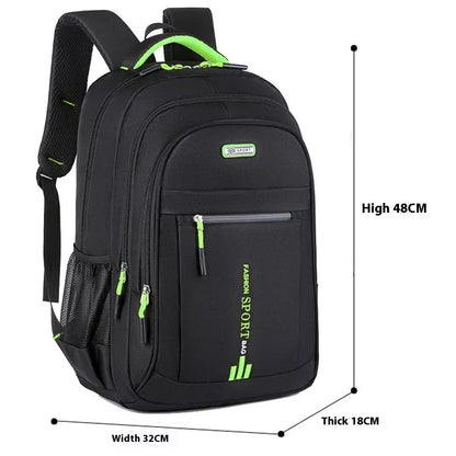Men's large capacity nylon computer backpack with air pillow belt in green, blue, black, or orange