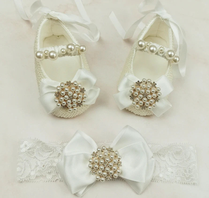 Handmade milky white cloth shoes with lace-up closure and matching fabric headband