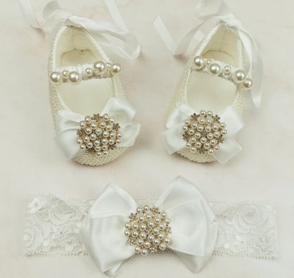 Handmade milky white cloth shoes with lace-up closure and matching fabric headband