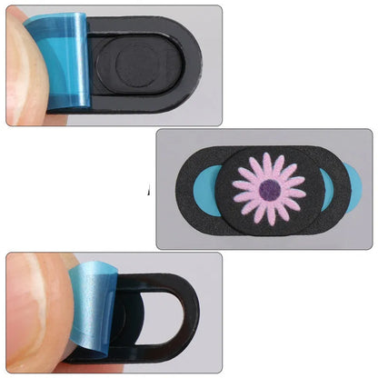 Black ABS webcam cover slider for laptops and tablets, 1.5cm x 0.5cm x 0.1cm, with strong adhesive tape