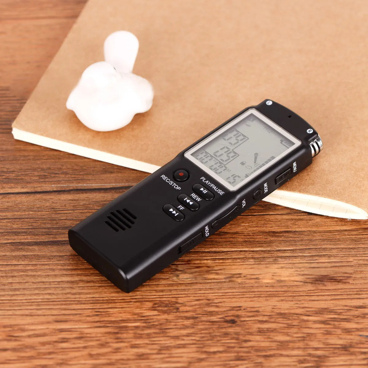 Original USB professional voice recorder with dimensions 3.8 x 1.3 x 0.47 inches, showing microphone inputs and display