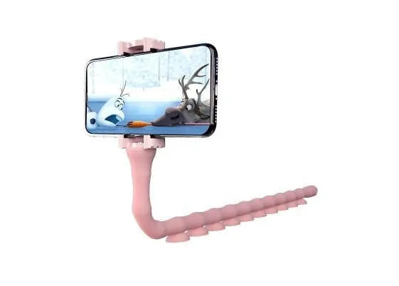 Black flexible gooseneck phone holder with suction cup mounted on a desk, holding a mobile phone at an angle.