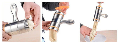 Stainless steel pasta maker with interchangeable noodle molds for creating homemade pasta in various shapes and sizes