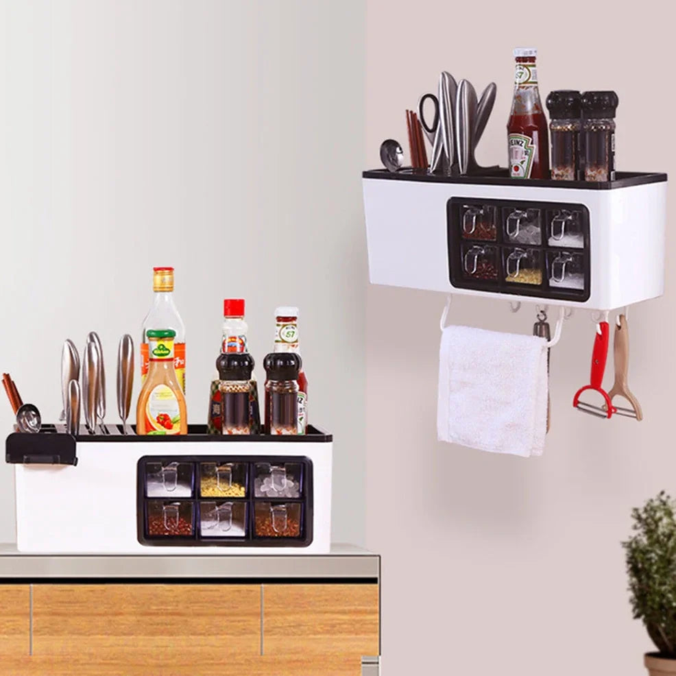 White wall-mounted plastic storage jar with pull-out transparent drawers for seasonings and kitchen utensils, dimensions 43.5cm x 16.7cm x 15.7cm