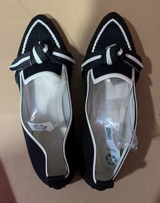 Women's pointed toe bow flat shoes with woven slip-on design in various colors