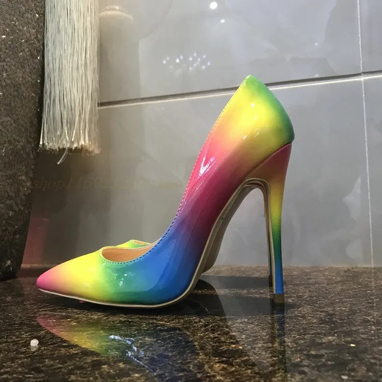 Rainbow patent leather high heels with thin 10cm or 12cm heels and pointed toe, available in sizes 35 to 42