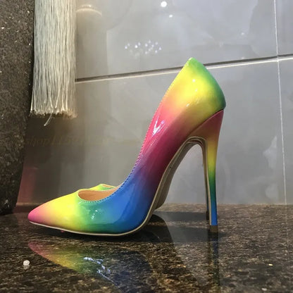 Rainbow patent leather high heels with thin 10cm or 12cm heels and pointed toe, available in sizes 35 to 42