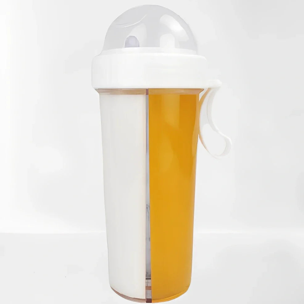 Double tube water bottle showing capacity options and colour choices including blue, green, pink, and white