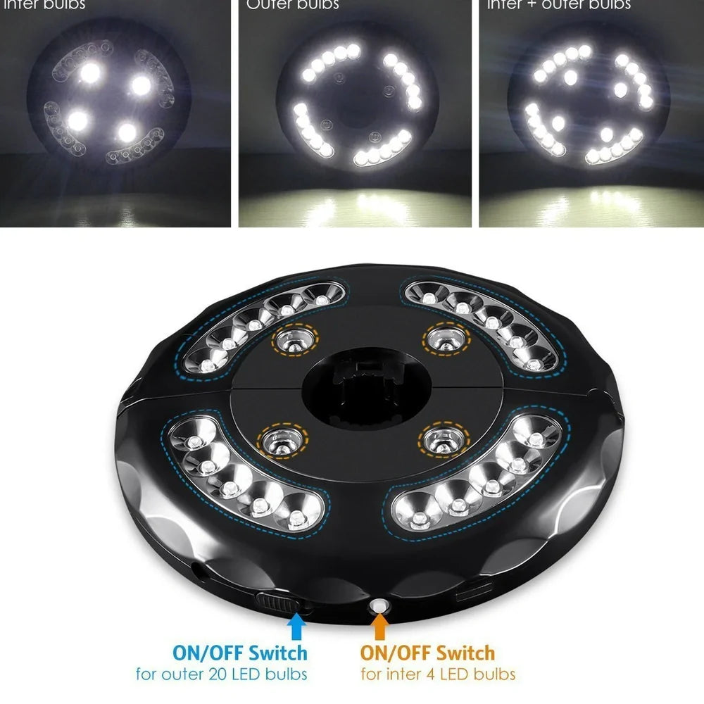 Detachable umbrella camping light with Roman illumination pattern and magnetic mounting system