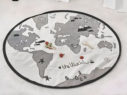 135cm circular world map play mat with cotton canvas and hand-printed illustrations of continents and animals