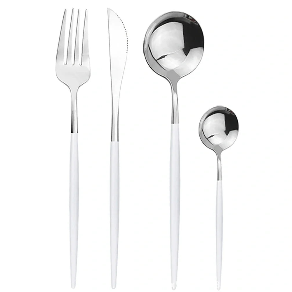24-piece stainless steel cutlery set with mirror-polished finish showing six place settings in gold colour