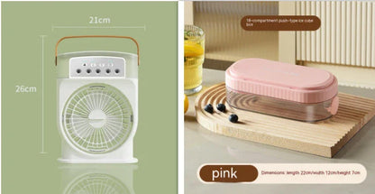 Portable USB-powered evaporative air cooler with 5 mist sprays, 7 color lights, and 600ML water tank