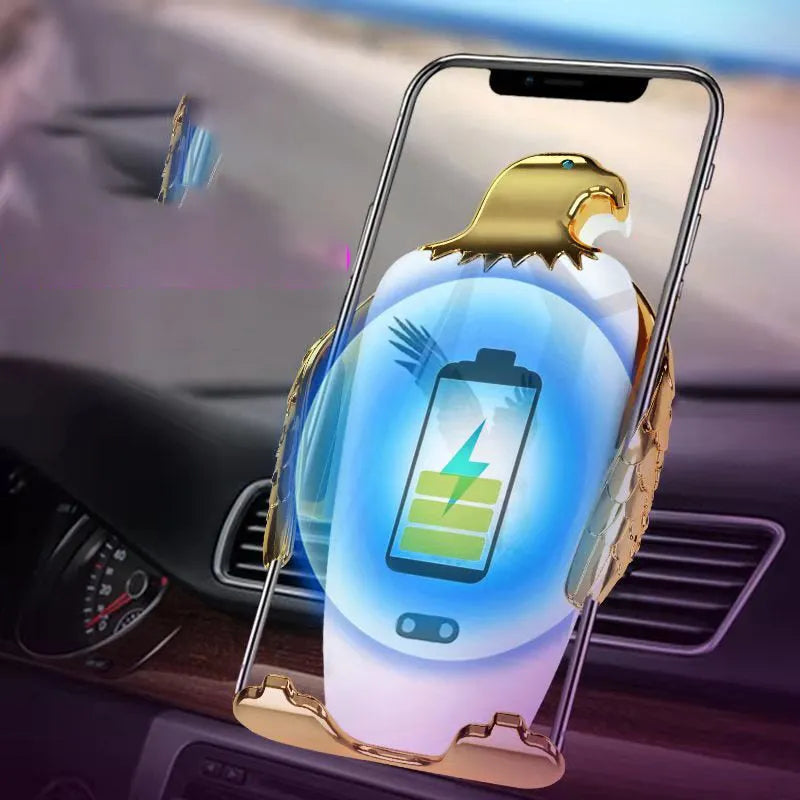 Eagle design car phone holder with wireless charging base and suction cup mount in two-tone colours.