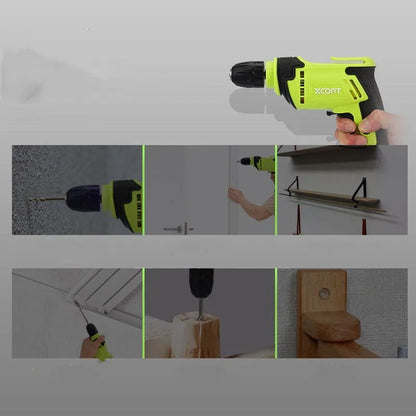 Pistol-grip electric drill with 450W motor, 10mm chuck, measuring 24cm by 24cm by 7cm
