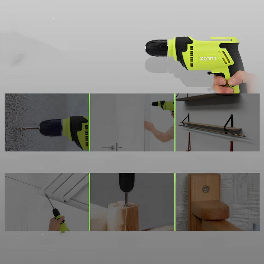 Pistol grip electric drill with 10mm chuck, 24cm length, for wood and metal drilling