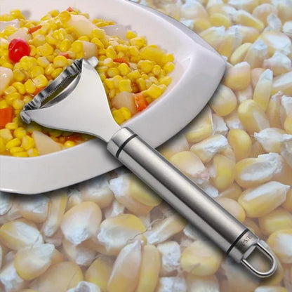 Stainless steel corn planer for removing kernels from corn on the cob.