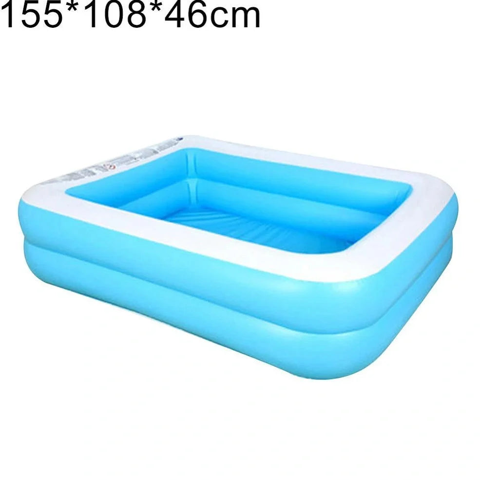 Large rectangular blue paddling pool measuring 200cm long × 150cm wide in garden setting