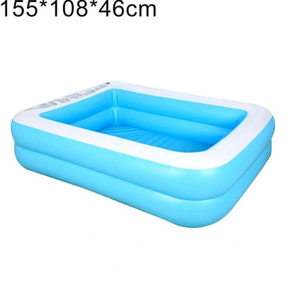 Large rectangular blue paddling pool measuring 200cm long × 150cm wide in garden setting