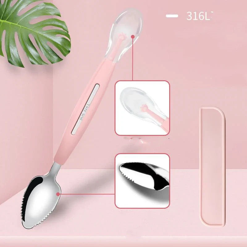 Stainless steel fruit spoon with sawtooth edge and dual-headed design for easily scooping grapefruit and desserts