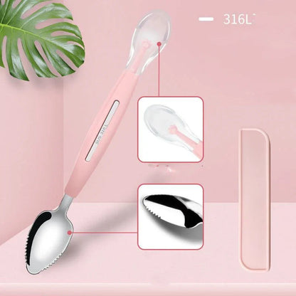 Stainless steel fruit spoon with sawtooth edge and dual-headed design for easily scooping grapefruit and desserts
