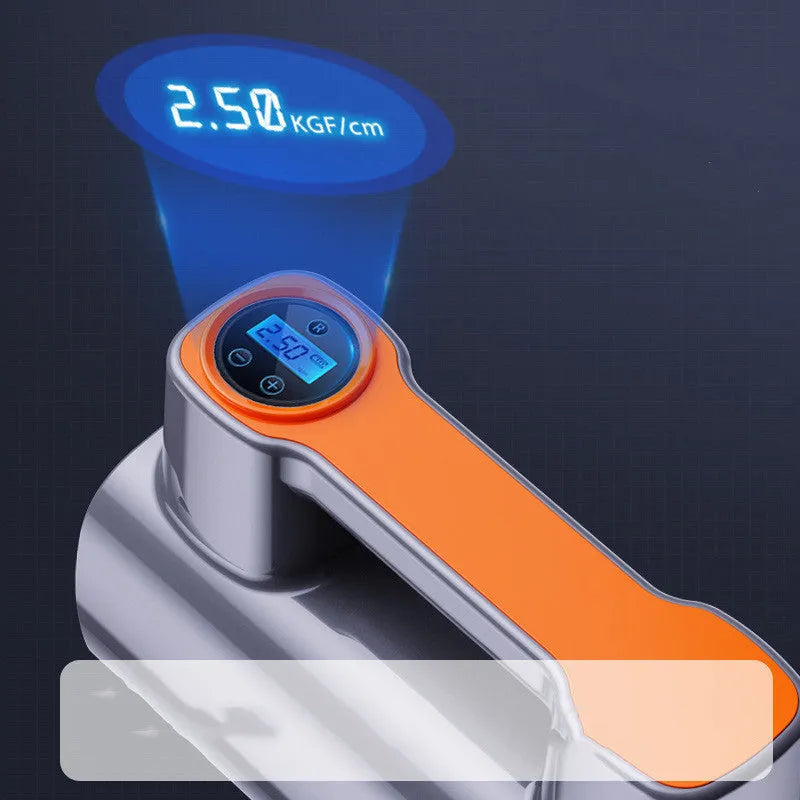 Cordless portable car tyre inflator pump with digital LCD display on black ABS plastic body