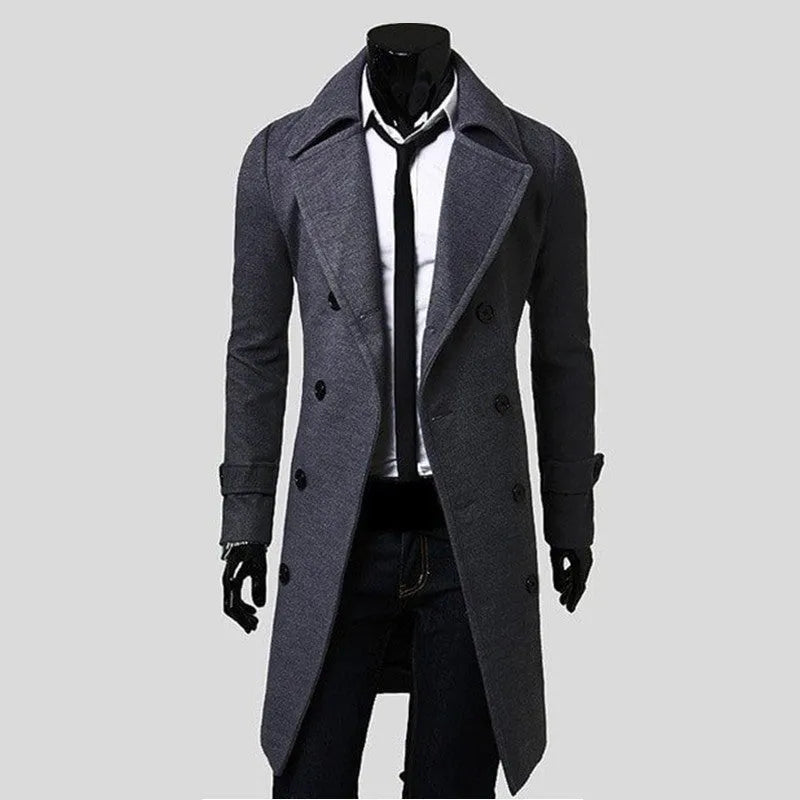 Men's double-breasted trench coat with lapel collar in black, camel or dark grey, lightweight 0.75kg, sizes M to XXXL.