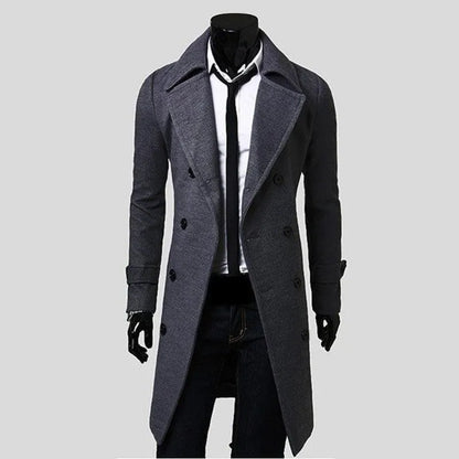 Men's double-breasted trench coat with lapel collar in black, camel or dark grey, lightweight 0.75kg, sizes M to XXXL.