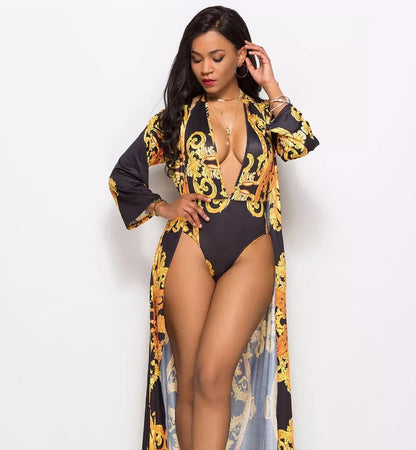 Printed cloak bikini in black and white, sizes M to 2XL, lightweight polyester fabric