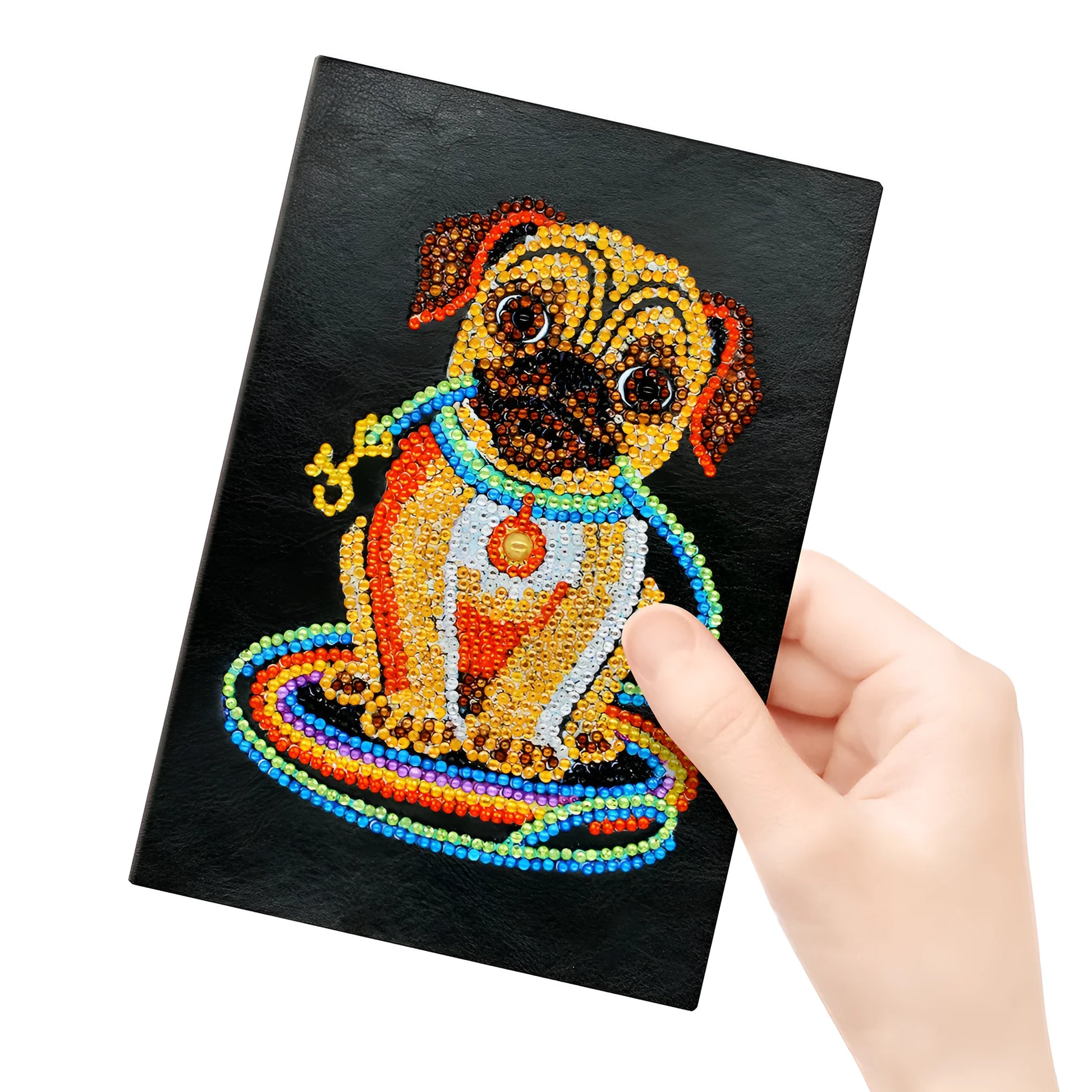 Black A5 diamond painting notebook showing dimensions of 142x207x8mm with 50 pages for creative projects