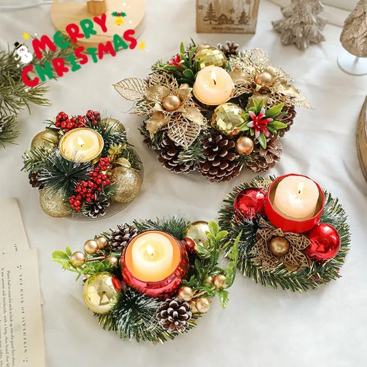 Christmas candlestick wreath with artificial pinecones and fake leaves for holiday decor